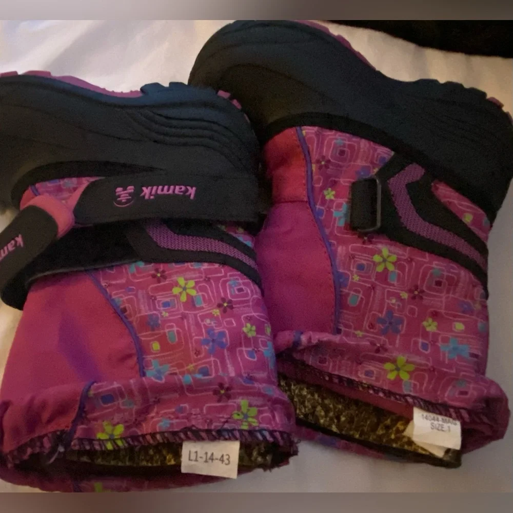 VGUC Kamik Sz-1 Grade School Kids-Fun Pink/Black Snow Boots, Gently Worn, Unisex